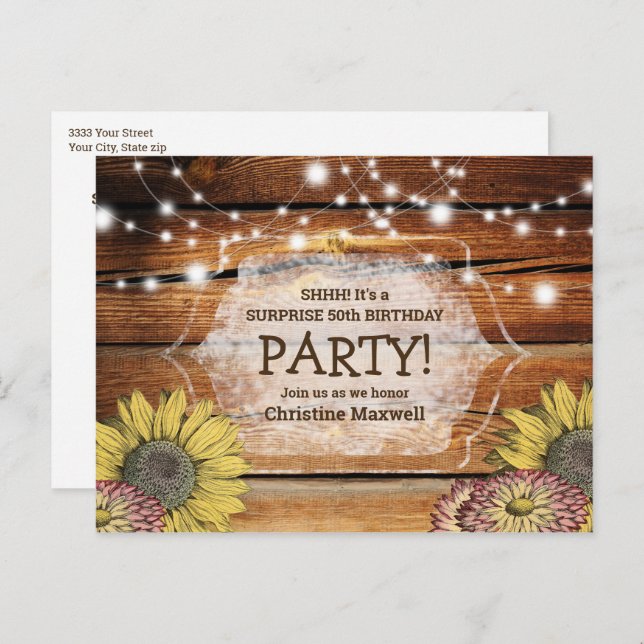 Rustic Barnwood Surprise Sunflower 50th Birthday  Invitation Postcard (Front/Back)
