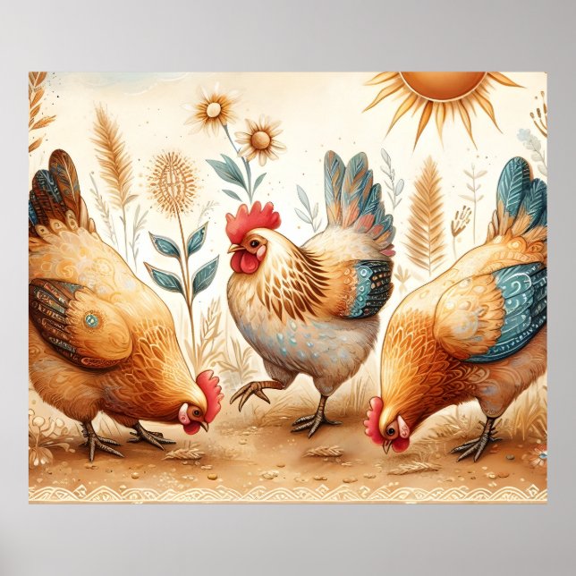Rustic Barnyard Chickens Boho Country Farm Poster (Front)