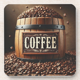 Rustic Barrel of Coffee Beans with Artistic Signag Coaster