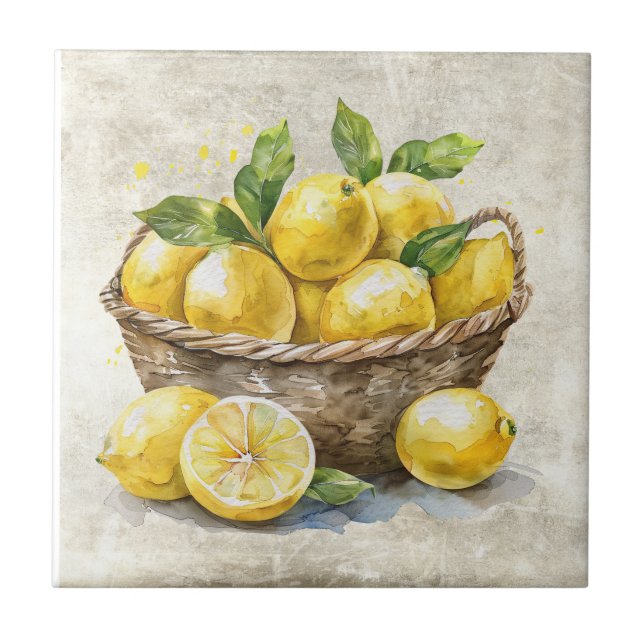 Rustic Basket of Lemons Shabby Chic Ceramic Tile (Front)