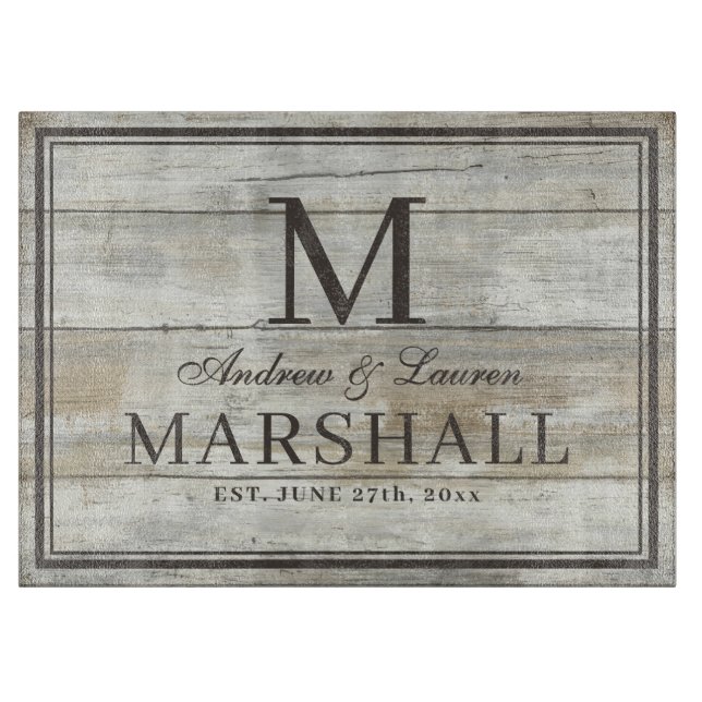 Rustic BBQ Couples Names Driftwood Wedding Cutting Board (Front)