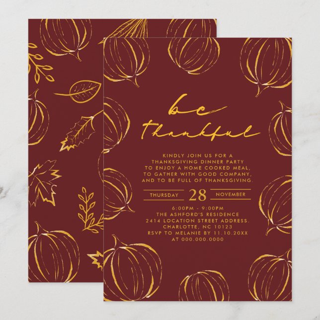 Rustic Be Thankful Pumpkin Thanksgiving Dinner Invitation (Front/Back)