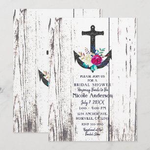 Rustic Beach Anchor & Bold Floral Bridal Shower Invitation