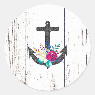 Rustic Beach Anchor & Bold Floral Summer Nautical Classic Round Sticker
