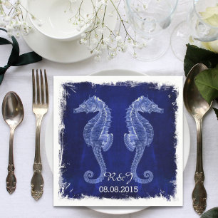 rustic beach coastal blue seahorse wedding napkin
