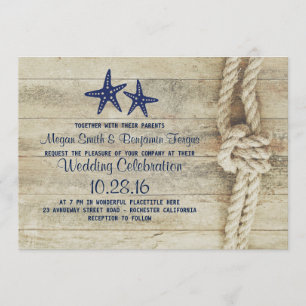 Rustic Beach Driftwood Nautical Rope Navy Wedding Invitation