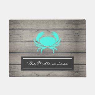 Rustic Beach House Teal Blue Crab Family Monogram Doormat