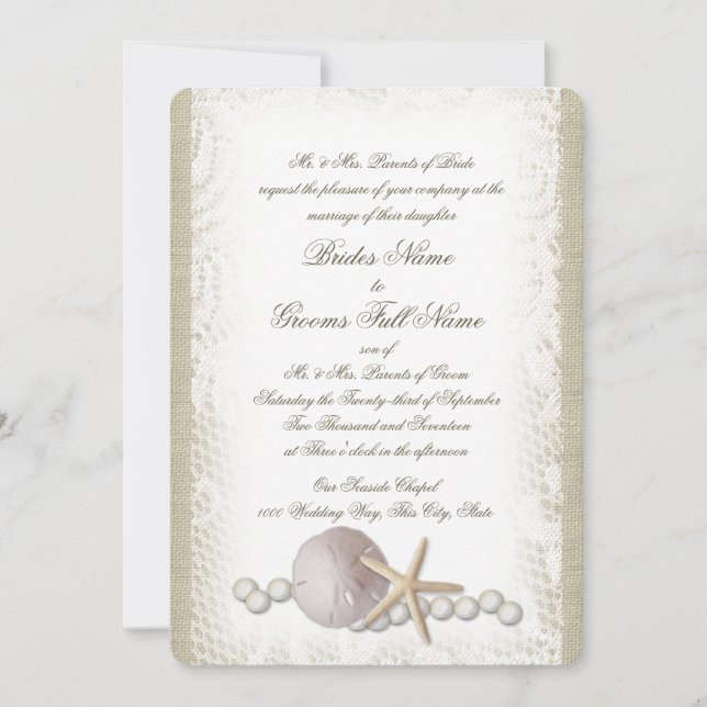 Rustic Beach Lace and Pearls Invitation (Front)