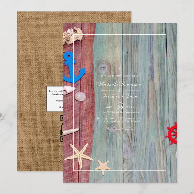 Rustic Beach Nautical QR Code RSVP Wedding Invitation (Front/Back)