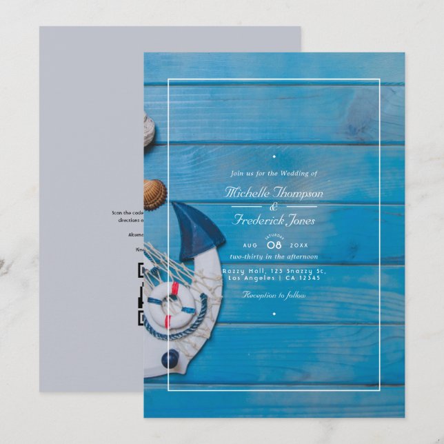 Rustic Beach QR Code RSVP Nautical Wedding Invitation (Front/Back)