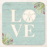 Rustic Beach Sand Dollar Square Paper Coaster<br><div class="desc">A beach themed drink coaster with the word love. A sand dollar seashell creates the "o" in the word love. This coaster has a weathered textured wood background and the corners are decorated with sea grasses. This sand dollar paper coaster is a great addition to your beach decor, and also...</div>