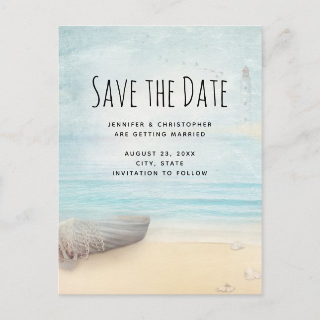 Rustic Beach Scene Save the Date Invitation Postcard (Front)
