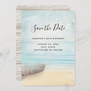 Rustic Beach Scene with Boat & Lighthouse Save The Date