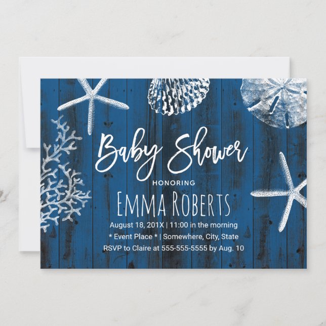 Rustic Beach Seashells Navy Blue Baby Shower Invitation (Front)