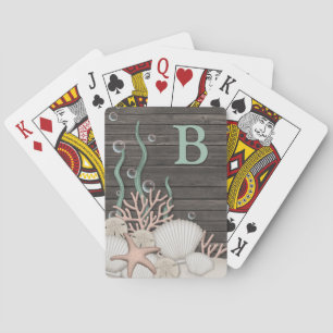 Rustic Beach Shells & Wood Monogram Playing Cards