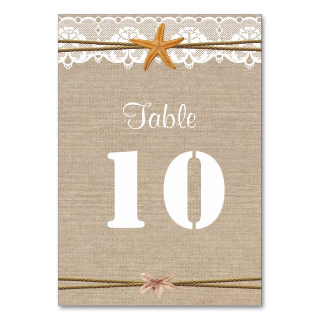 Rustic Beach Starfish Lace Wedding Table Number (Front)