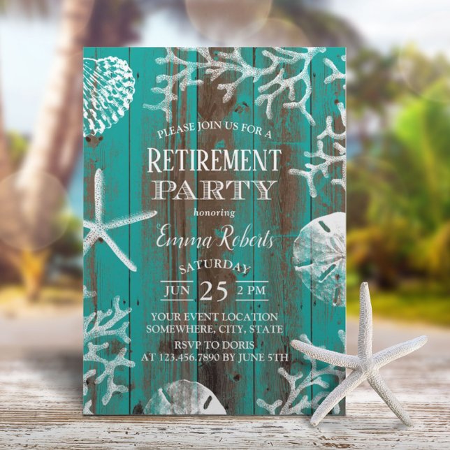 Rustic Beach Starfish & Seashells Teal Retirement Invitation (Creator Uploaded)