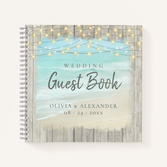 Rustic Beach String Lights Wedding Guest Book (Front)