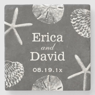Rustic Beach Themed Seashells Chalkboard Wedding Stone Coaster