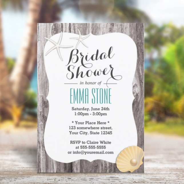 Rustic Beach Themed Wood Background Bridal Shower Invitation (Creator Uploaded)