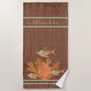 Rustic  Beach Tropical Fish Sage Green Coral Pink Beach Towel