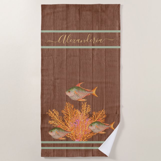 Rustic  Beach Tropical Fish Sage Green Coral Pink Beach Towel (Front)
