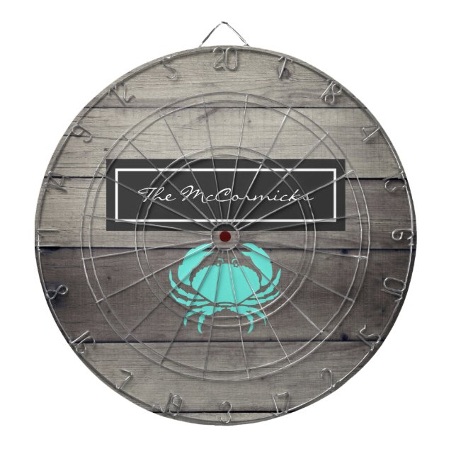 Rustic Beach Turquoise Blue Crab Family Monogram Dartboard (Front)