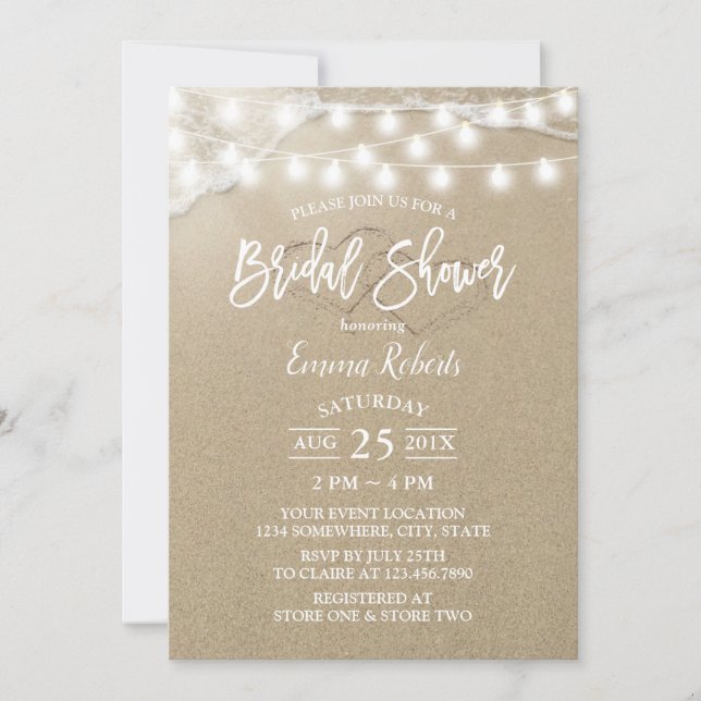 Rustic Beach Two Hearts Elegant Bridal Shower Invitation (Front)