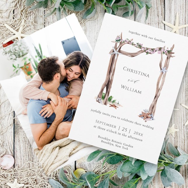 Rustic Beach Watercolor Driftwood Arch Photo Invitation (Creator Uploaded)
