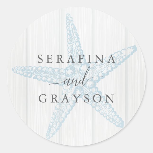 Rustic Beach Wedding Personalized Starfish Classic Round Sticker (Front)