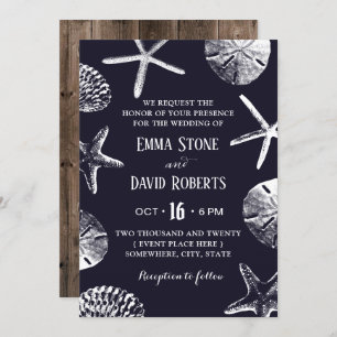 Rustic Beach Wedding Starfish & Seashell Navy Blue Invitation