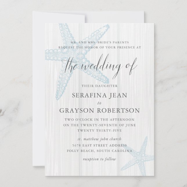 Rustic Beach Wedding Tropical Blue Starfish Invita Invitation (Front)