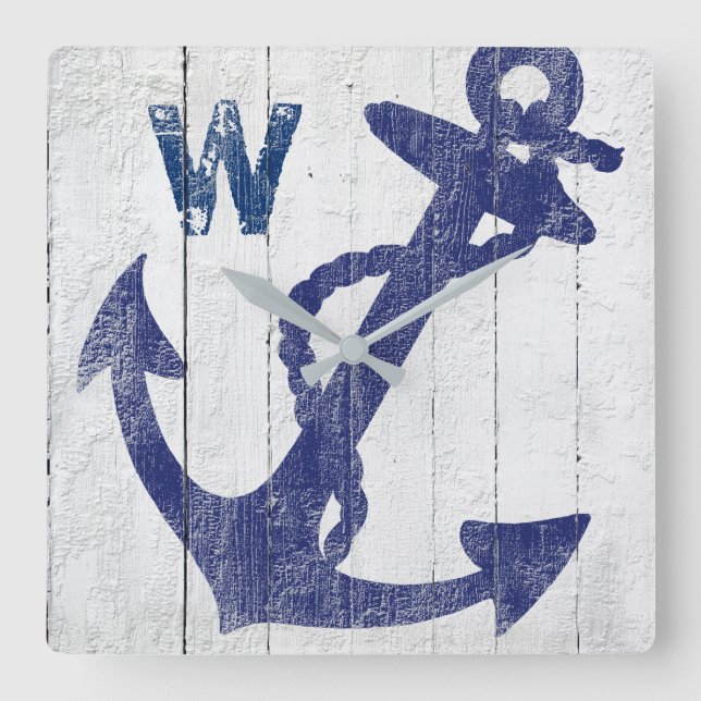 Rustic Beach Wood Blue Nautical Anchor Monogrammed Square Wall Clock (Front)