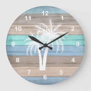 Rustic Beach Wood Nautical and White Palm Trees Large Clock