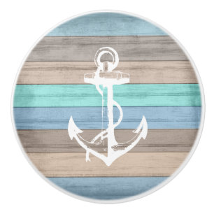 Rustic Beach Wood Nautical Stripes & Anchor Ceramic Knob