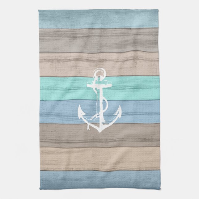 Rustic Beach Wood Nautical Stripes & Anchor Kitchen Towel (Vertical)