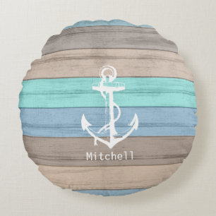 Rustic Beach Wood Nautical Stripes & Anchor Round Pillow