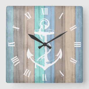 Rustic Beach Wood Nautical Stripes & Anchor Square Wall Clock