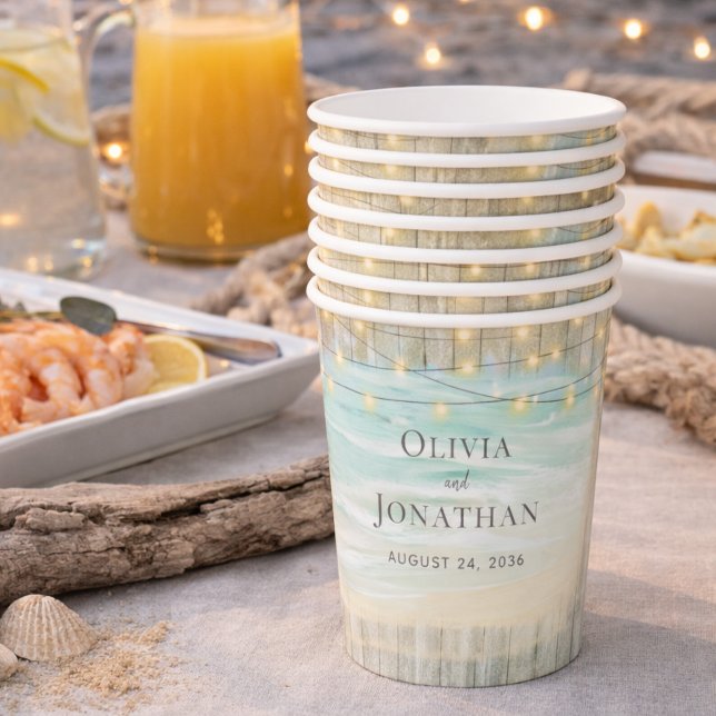 Rustic Beach Wood String Lights Coastal Wedding Paper Cups (Creator Uploaded)