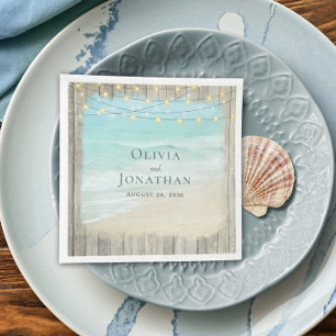 Rustic Beach Wood String Lights Waves Wedding Napkin