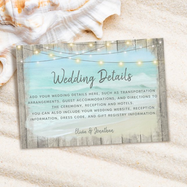 Rustic Beach Wood String Lights Wedding Details  Enclosure Card (Creator Uploaded)