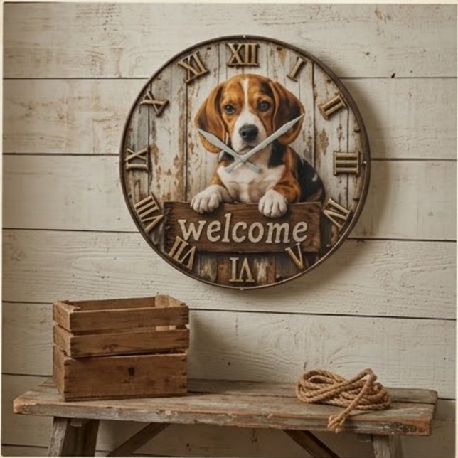 Rustic Beagle Welcome Farmhouse Large Clock (Creator Uploaded)