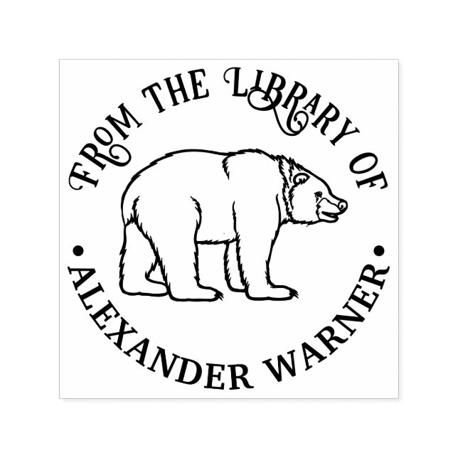 Rustic Bear #6 Round Library Book Name Self-inking Stamp (Design)