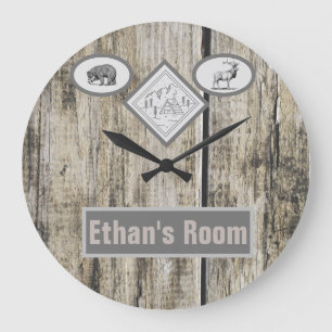 Rustic Bear and Elk Monogram Boy  Large Clock