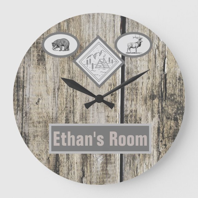 Rustic Bear and Elk Monogram Boy  Large Clock (Front)