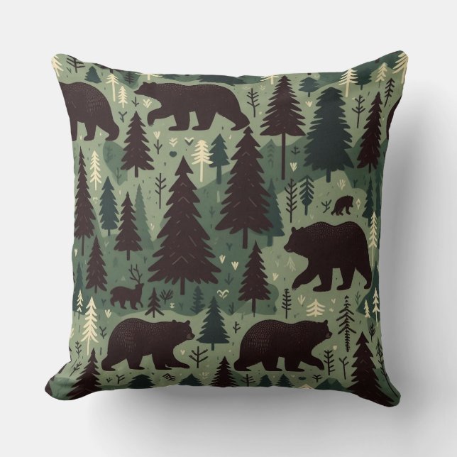 Rustic Bear and Forest Scene Throw Pillow (Front)