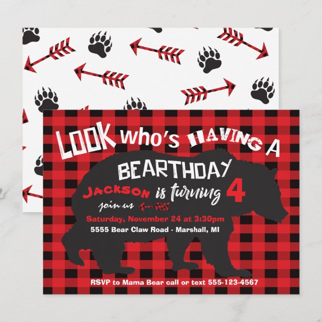 Rustic Bear Birthday Invitation with flannel (Front/Back)