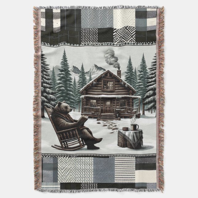 Rustic Bear Blanket | Cozy Cabin Book Lover Throw  (Front Vertical)