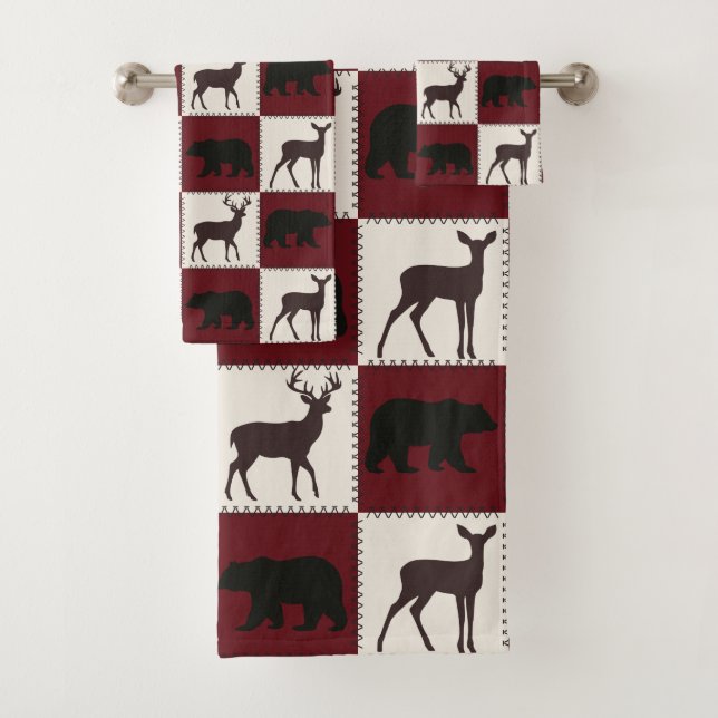 Rustic Bear & Deer, Dark Red & Cream Squares Bath Towel Set (Insitu)