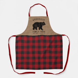 Rustic Bear Family Cabin Red Buffalo Plaid Burlap Apron